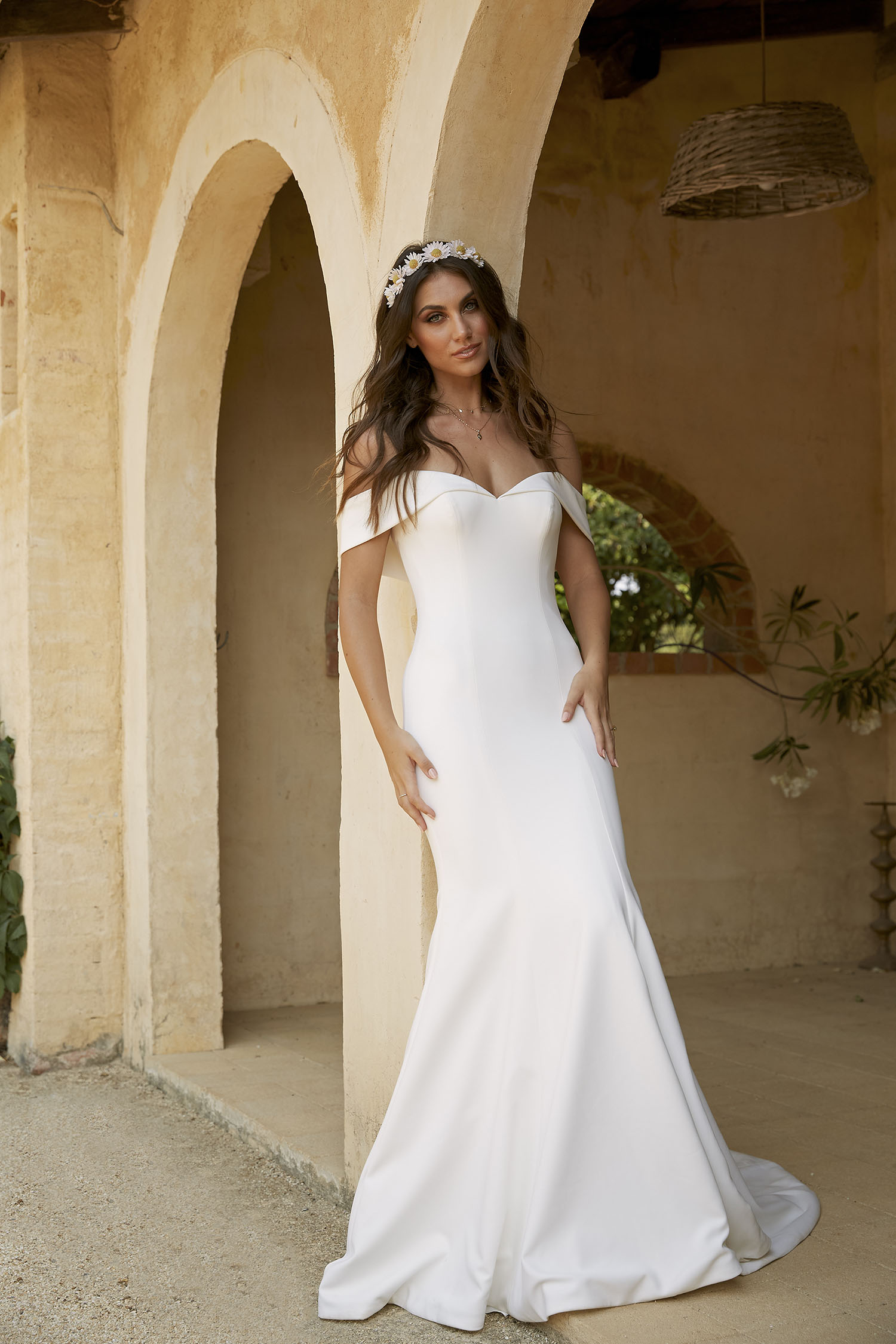 off the shoulder crepe wedding dress