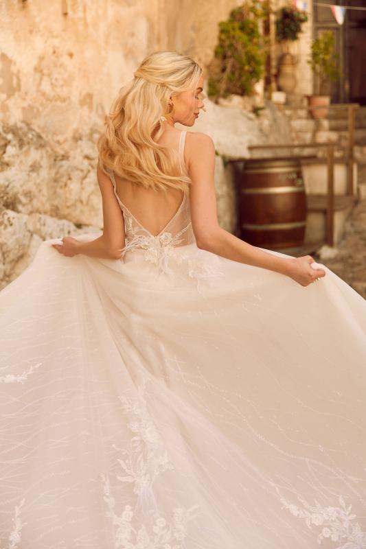 Hayden Ml9519 Plunging Neckline Gown With Tulle Straps Fitted Bodice And Floaty Skirt Low Back With Zipper Feather Motifs Wedding Dress Madi Lane Bridal3