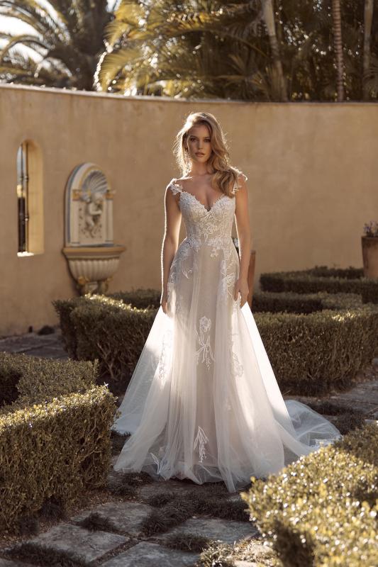 Birdie Ml19535 Full Length A Line Silhouette Tulle Skirt With A Fitted V Neckline Bodice And Zip Closure Back Wedding Dress Madi Lane Bridal1