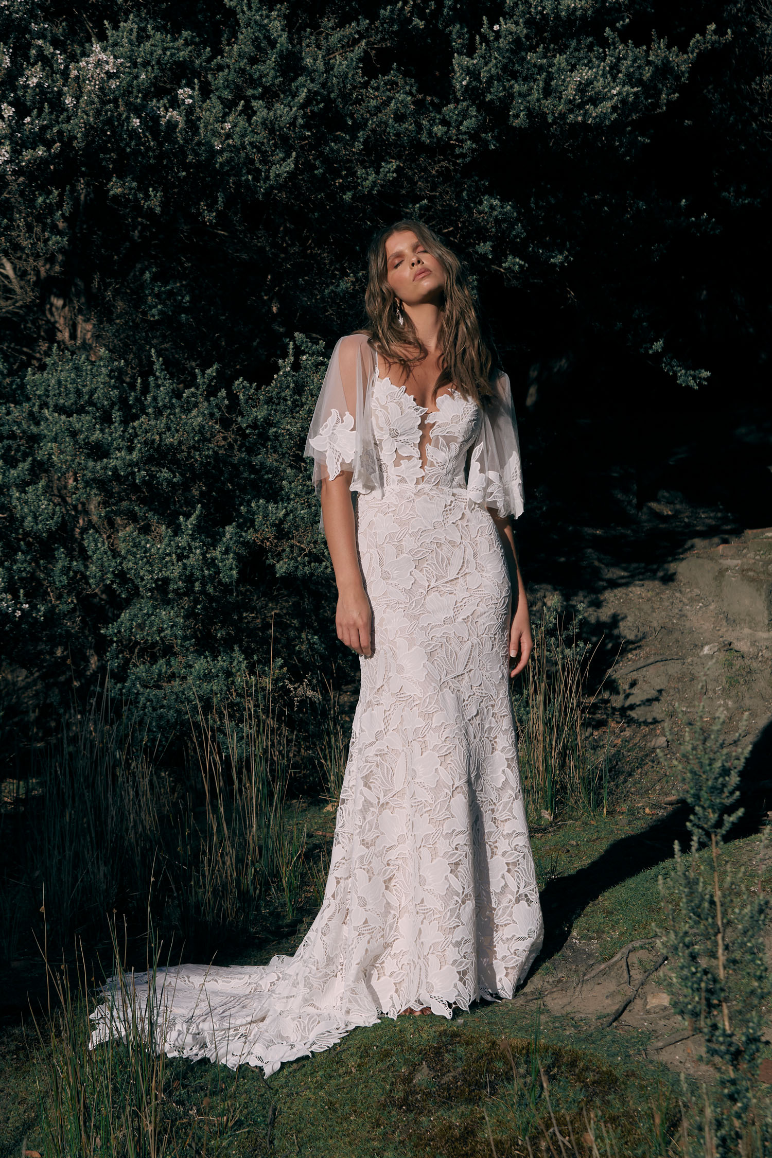 Carlyle Ml20072 Full Length Embroidered Lace Fitted Gown Plunging Neckline Thin Straps Detachable Matching Lace Cape Included Zipper Closure Wedding Dress Madi Lane Bridal 1 1.jpg