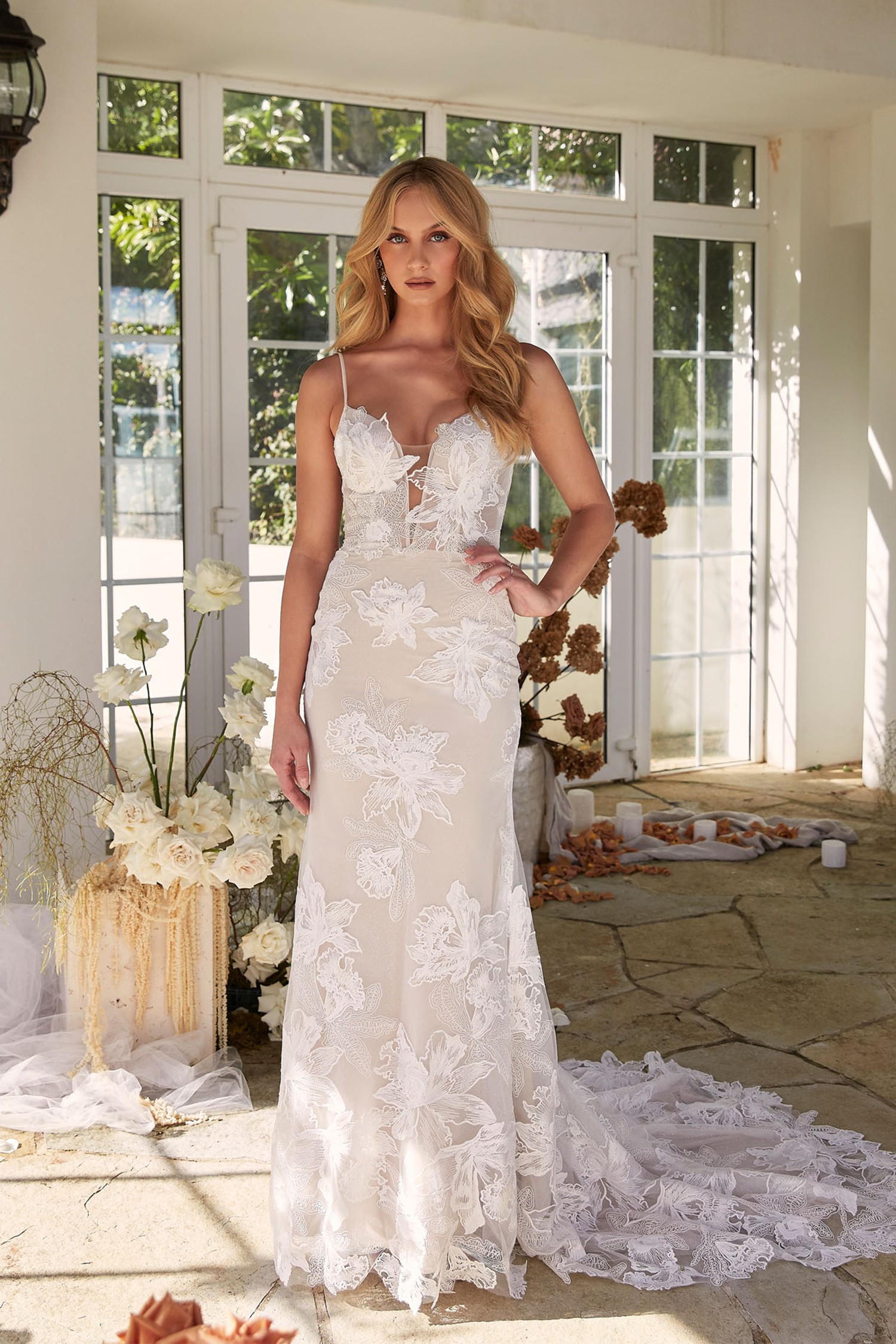 Daria Ml22222 Full Length Fitted Floral Lace Gown Illusion Bodice With Low Back Thin Straps Plunging Neckline Button And Zipper Closure Wedding Dress Madi Lane Bridal 1