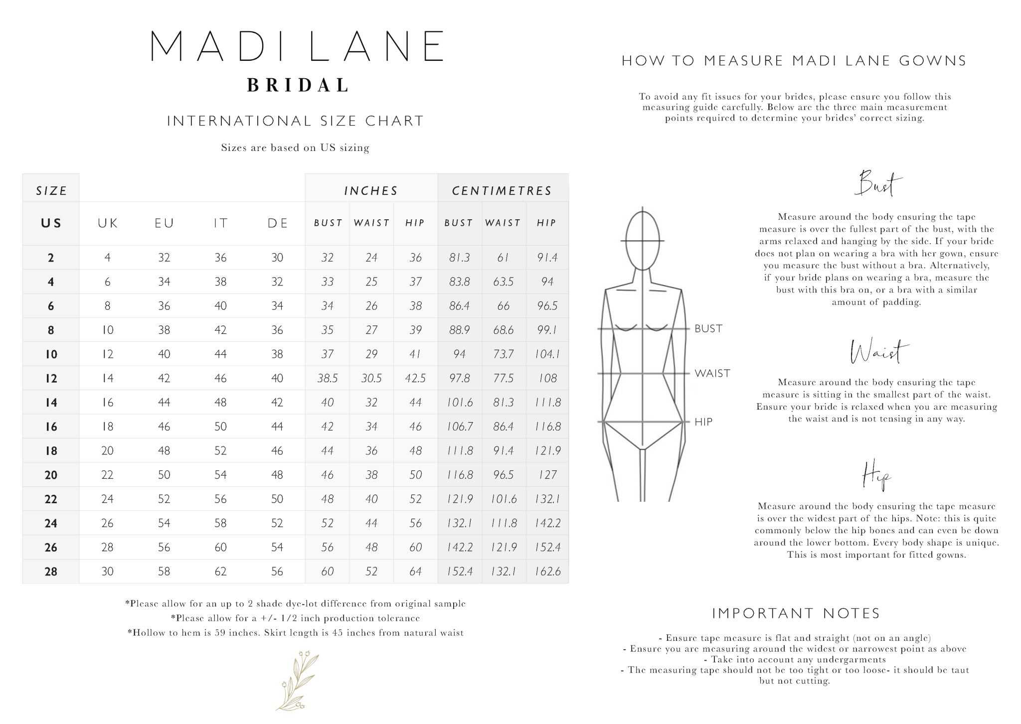 Size Chart - Madi Lane Bridal