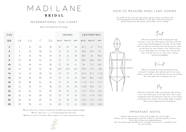 Size Chart - Madi Lane Bridal