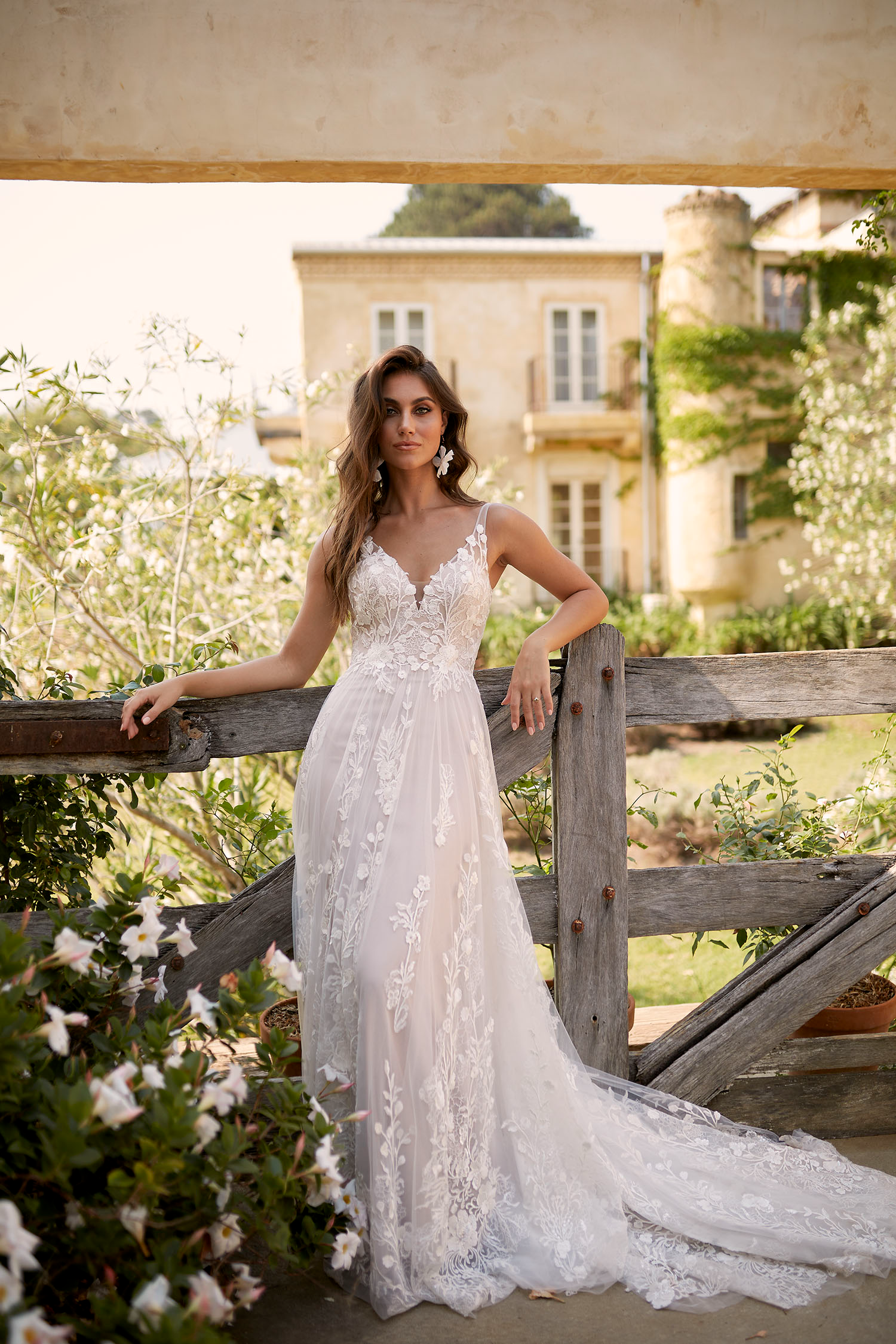 Harper Ml2219 Ivory Mocha Full Lace Gown With Plunging Neckline And Tulle Straps Fitted Bodice And Floaty Skirt Low Back And Zipper Wedding Dress Madi Lane Bridal4