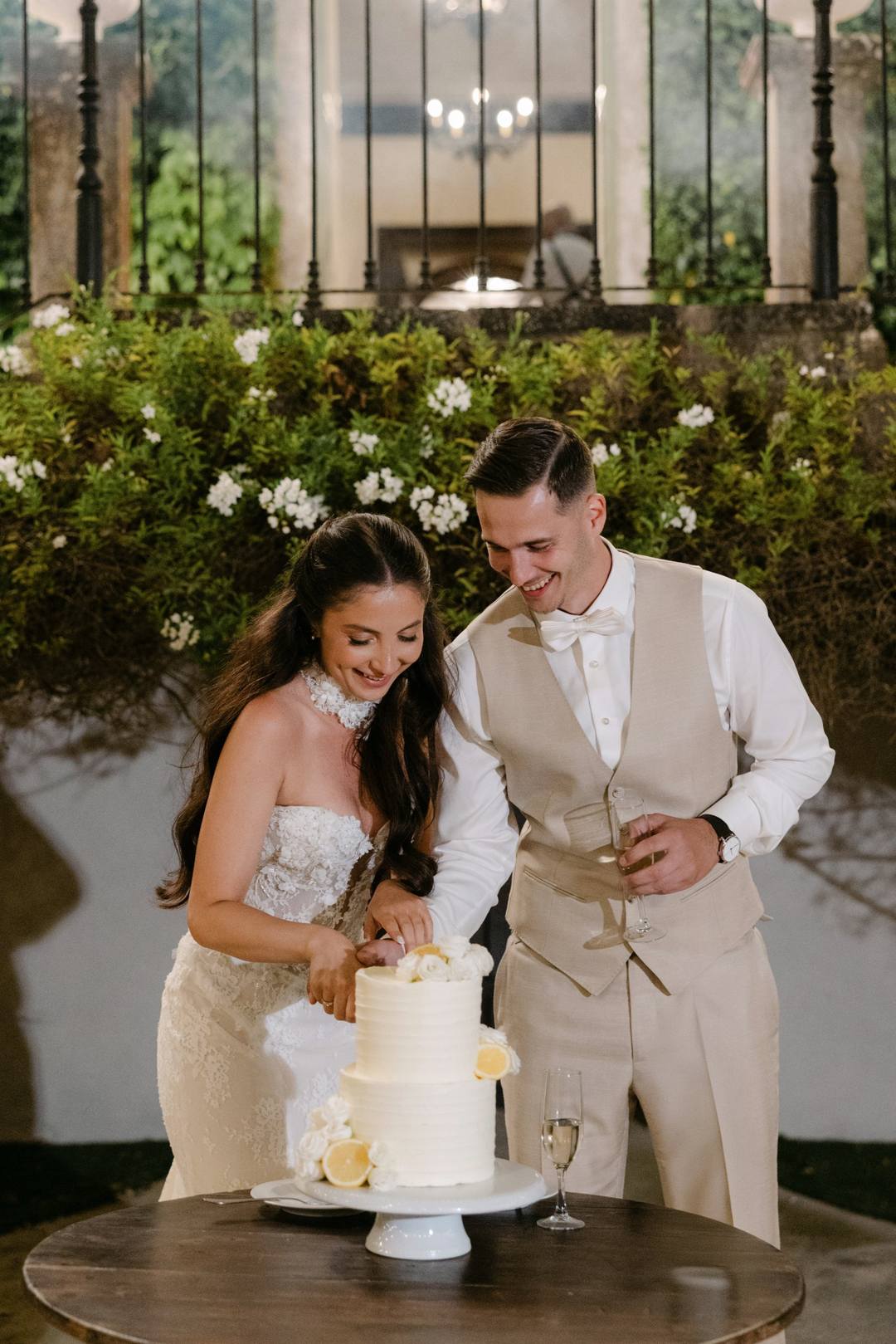 Real Bride Luisa in Wade sparkly off shoulder fit and flare lace wedding dress with detachable sleeves