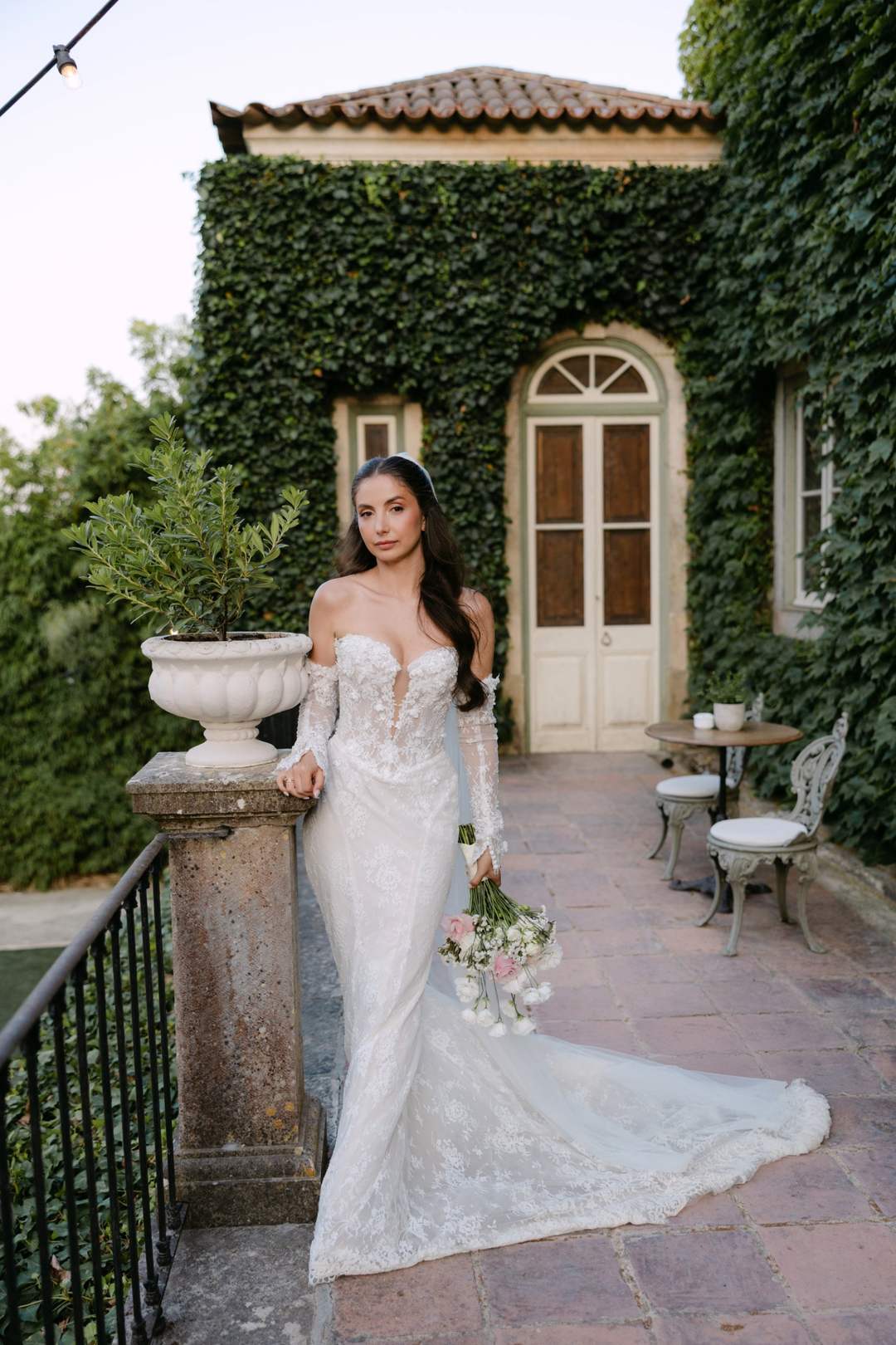 Real Bride Luisa in Wade sparkly off shoulder fit and flare lace wedding dress with detachable sleeves