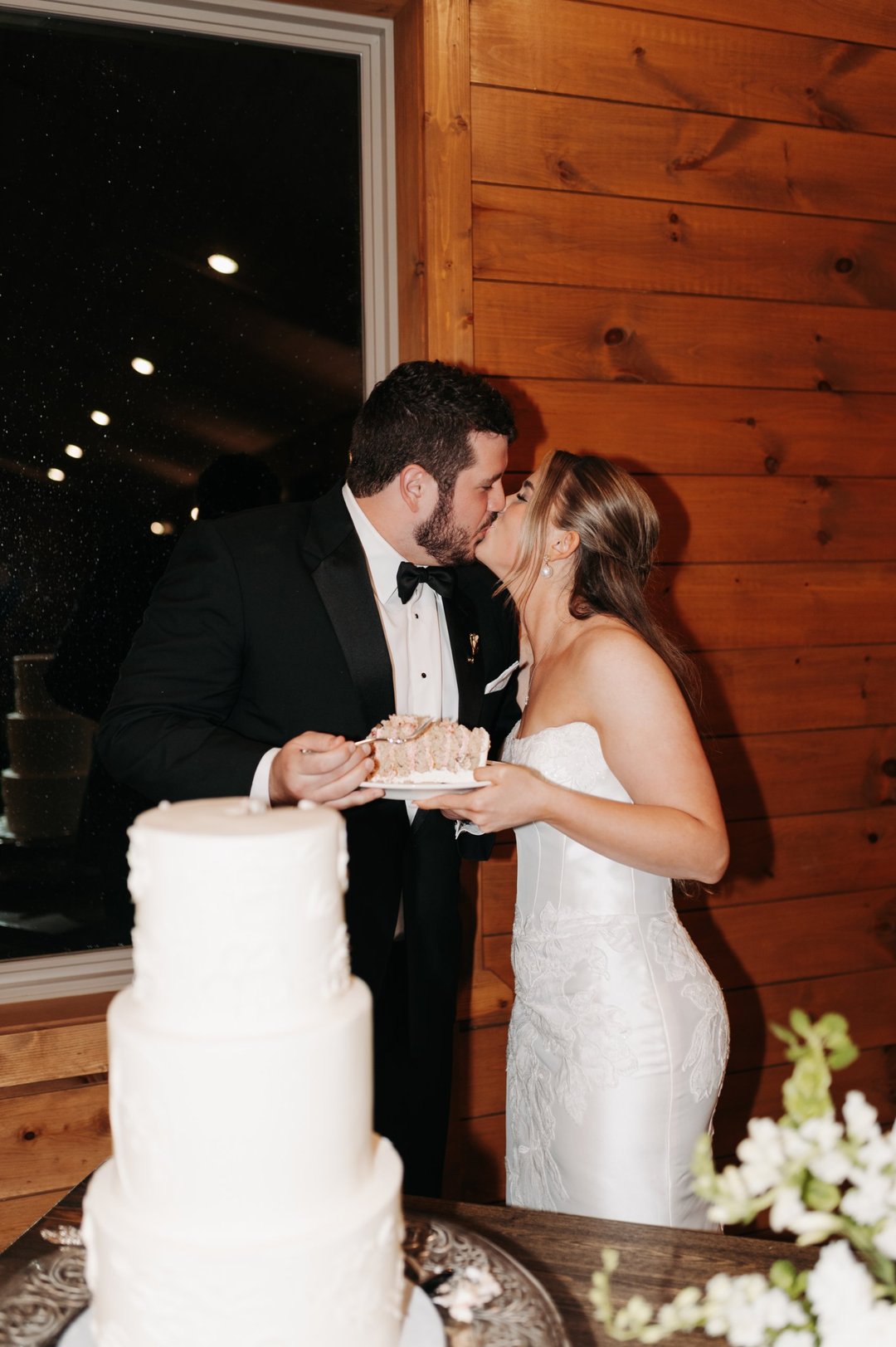 real bride lily in woodrow satin fit and flare sheath strapless wedding dress with lace detail and detachable overskirt