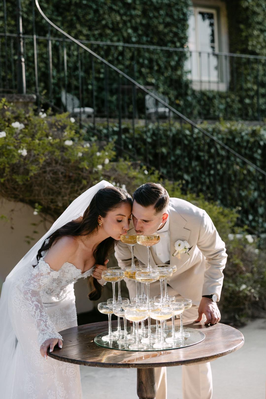 Real Bride Luisa in Wade sparkly off shoulder fit and flare lace wedding dress with detachable sleeves