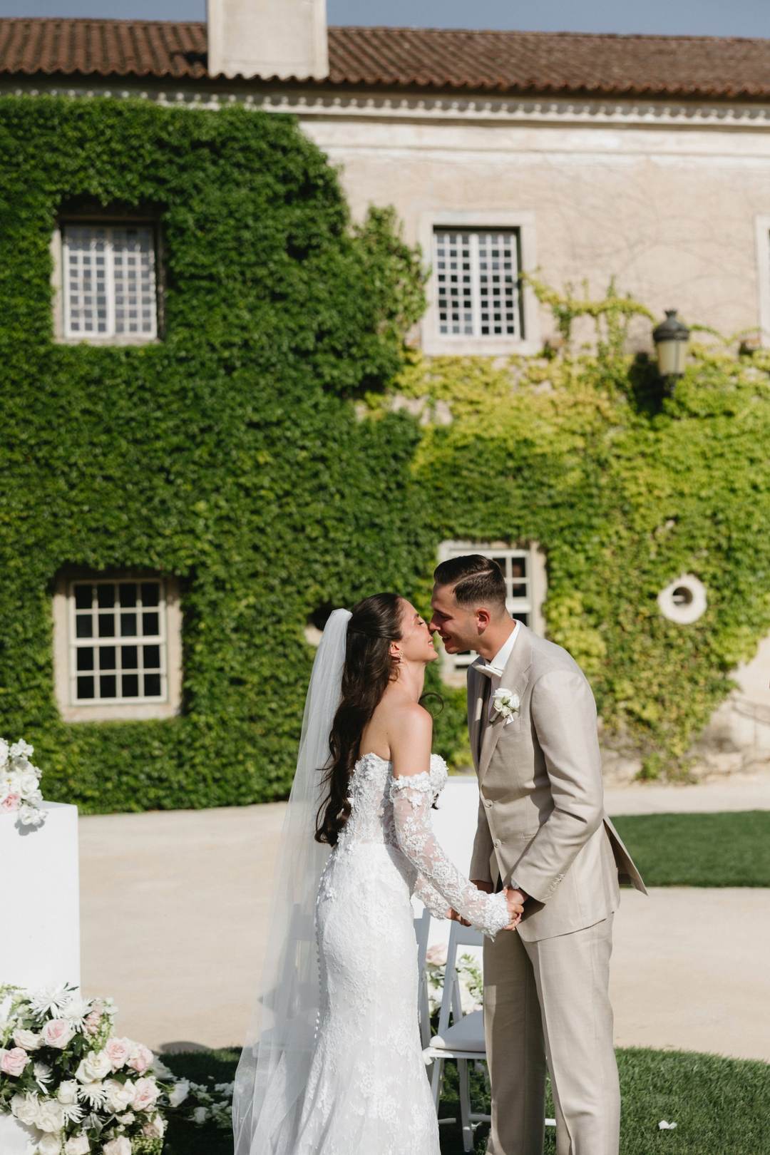Real Bride Luisa in Wade sparkly off shoulder fit and flare lace wedding dress with detachable sleeves